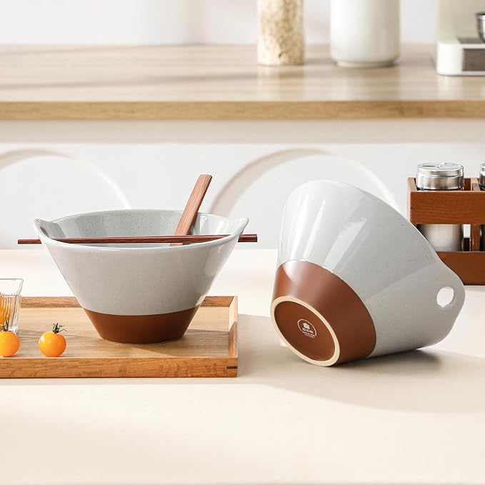 MALACASA 42 oz Ceramic Ramen Bowl Set with Wooden Spoon & Chopsticks, Japanese Style Soup Bowls for Ramen, Pho, Noodles – Set of 2, Microwave & Dishwasher Safe, Series TARA (Gray and Khaki)