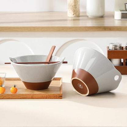 MALACASA 42 oz Ceramic Ramen Bowl Set with Wooden Spoon & Chopsticks, Japanese Style Soup Bowls for Ramen, Pho, Noodles – Set of 2, Microwave & Dishwasher Safe, Series TARA (Gray and Khaki)
