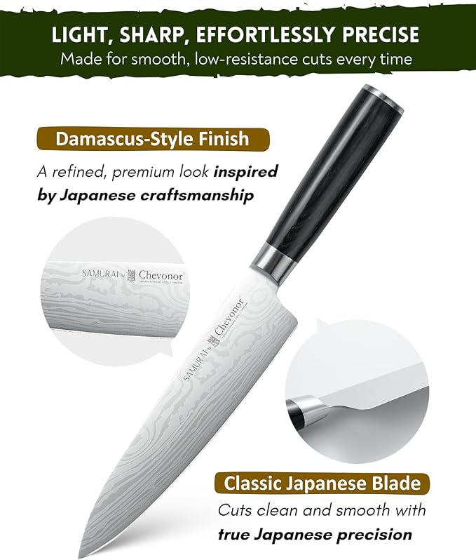 Samurai 8 Inch Gyuto Chef Knife, Ultra Sharp Japanese Style Kitchen Knife with Damascus Pattern - German Stainless Steel (DIN 1.4116), Professional Meat & Vegetable Slicer, Premium Gift Box
