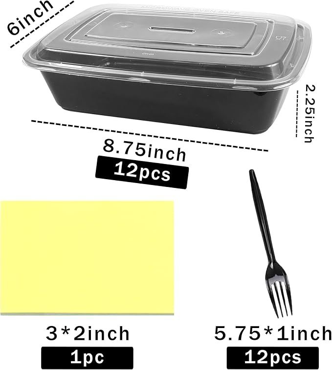 12 Pack Meal Prep Containers 38oz Food Prep Containers with Lids Forks and Sticky Note for Food Safe Take Out Plastic Food Storage Dessert Containers Salad Containers