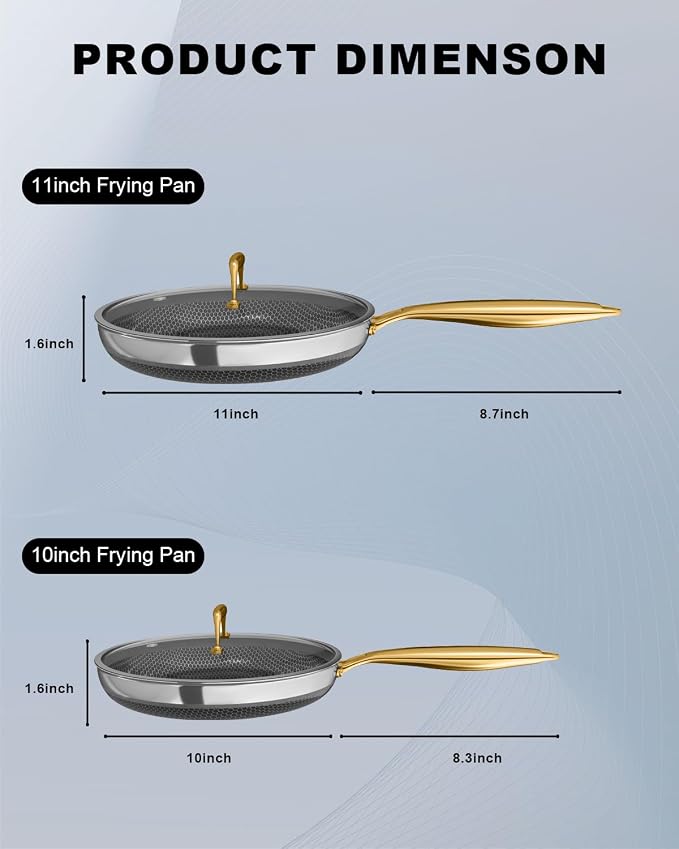 FogDream 10" 11" Stainless Steel Frying Pan with Lid, Honeycomb Hybrid Nonstick Skillet for Induction & All Cooktops, PFAS/PFOA/PTFE Free, Oven Safe to 500°F, Stay-Cool Handle, Dishwasher Safe, Gold