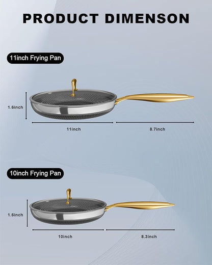 FogDream 10" 11" Stainless Steel Frying Pan with Lid, Honeycomb Hybrid Nonstick Skillet for Induction & All Cooktops, PFAS/PFOA/PTFE Free, Oven Safe to 500°F, Stay-Cool Handle, Dishwasher Safe, Gold