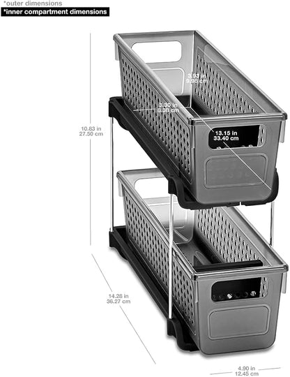 madesmart Premium Small 2 Tier Organizer, Under Cabinet Storage with Sliding Drawers, for Cleaning Supplies, Pantry, Sponges, Bottles, Adjustable Dividers & Pull Out Sliding Baskets, Carbon