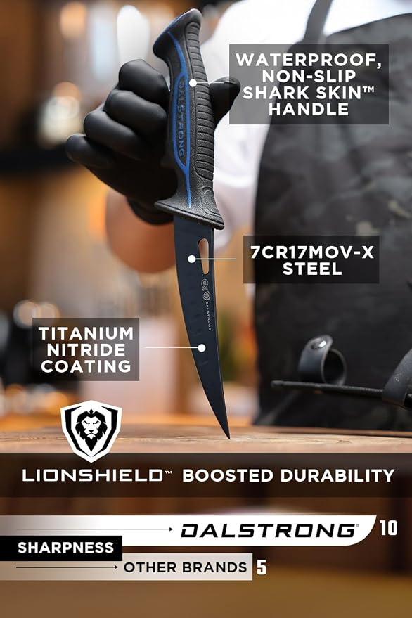 Dalstrong Curved Boning Knife-6”-Night Shark Series-7CR17MOV High Carbon Steel - Titanium Coated Blade Fillet Knife for Meat for Outdoors & Fishing-Polypropylene Handle-w/Sheath-NSF Certified