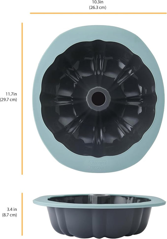 Chicago Metallic Silicone Fluted Cake Pan, 10 Inch Nonstick Bundt Cake Mold, Blue, Wire-Reinforced Rim, Oven Safe to 428F, Flexible Food-Grade Silicone Bakeware