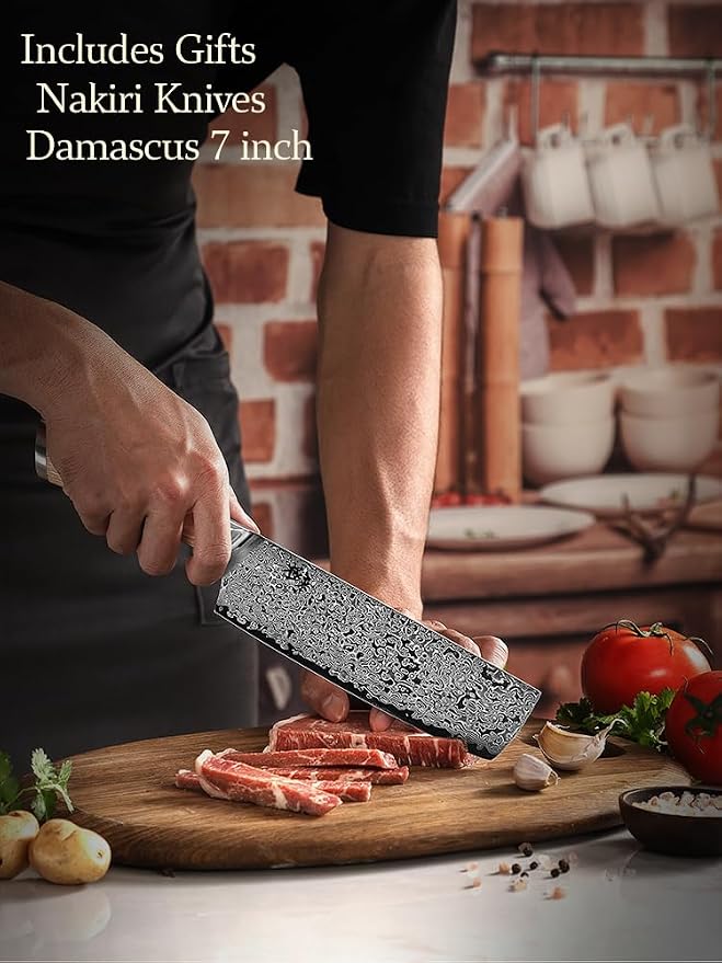 VG10 7inch Nakiri 67 layers Damascus Forged Stainless Steel kitch Knife PAKKA Handles.Black Walnut Wood Sheath Single-piece set