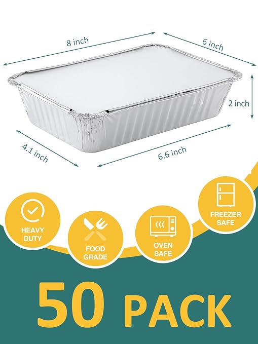 NEEBAKE 50 Pack 8x6 Disposable Aluminum Pans with Lids Aluminum-Foil-Pans-Tin-Foil-Baking-Pans-Tin-Trays-Food-To-Go-Containers-for-Meal-Prep-Cooking-Roasting-Heating-Takeout