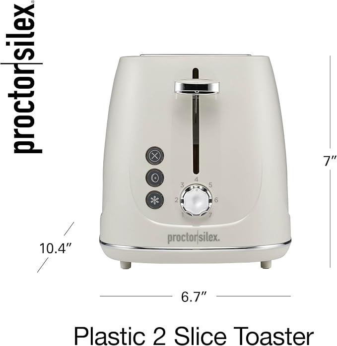 Proctor Silex Plastic 2 Slice Toaster, Bagel, Defrost & Cancel Buttons, Browning Control With 7 Shades, Auto Shutoff, Slide-Out Crumb Tray, Oat White (22660)