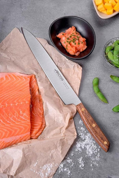 Arcos Yanagiba Knife 9.5 Inch Stainless Steel. Japanese Kitchen Knife for Fish, Meat and Vegetables. Ovengkol Wood Handle 100% natural FSC and 240mm Blade. Series Nordika. Color Brown.