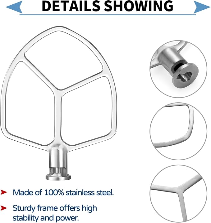 Stainless Steel Flat Beater Attachment Compatible with KitchenAid 5 Plus -6QT Mixer Bowl Lift Stand Mixer, Quick Kneading of Bread, Pasta, Cookies, Pizza, Etc. Dishwasher Safe