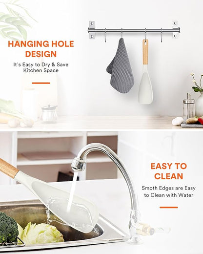 Cooking Spoon for Nonstick Cookwares, Great for Cooking and Serving Sturdy BPA-Free Matte Silicone, Wood Handle Spoon for Mixing, Scoop, and Scrape (WHITE, 11.4 inch)