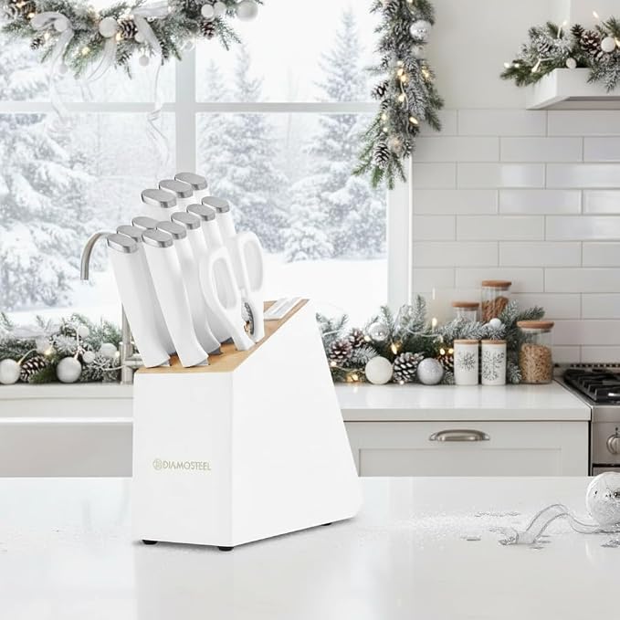 White Knife Set, 13 Pieces Knife Block Set with Built-in Sharpener Scissors for Kitchen Meat & Vegetable Cutting, Dishwasher Safe Knives Set Present for Family & Restaurant
