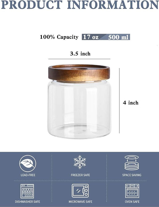 Kanwone Glass Storage Jars Set of 6, 17 Ounce Airtight Food Storage Containers with Bamboo lids, Clear Glass Canisters for Pantry, kitchen, Flour, Sugar, Tea, Coffee, Snack, Spice and Herbs