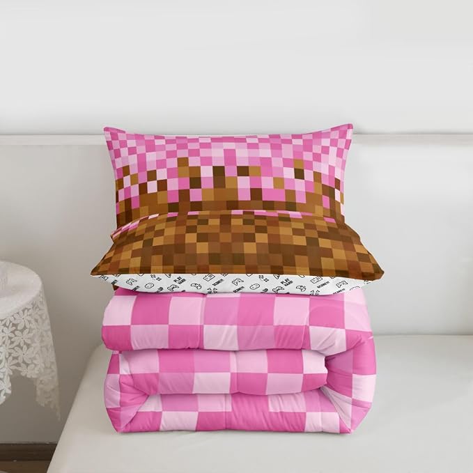 Manfei Pixelated Grid Kids Comforter Toddler Size,Miners Building Quilt Set for Kids Boys Girls Bedroom Decor,Cartoon Gamepad Bedding Set,Brown Pink Duvet Insert,1 Pillowcase