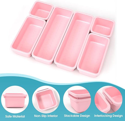 6 PCS Drawer Organizer Set, 3 Size Makeup Drawer Divider Organizer With Non-Slip Pads, Interlocking Plastic Storage Bins for Office,Jewelry Vanity,Gadgets, Bathroom,Kitchen, Pink