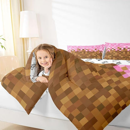 Manfei Pixelated Grid Kids Comforter Toddler Size,Miners Building Quilt Set for Kids Boys Girls Bedroom Decor,Cartoon Gamepad Bedding Set,Brown Pink Duvet Insert,1 Pillowcase