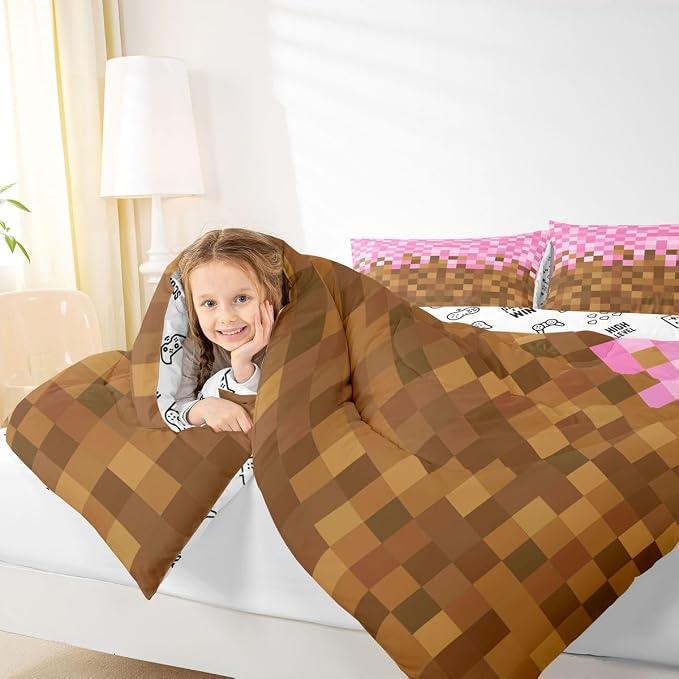 Manfei Pixelated Grid Full Size Comforter Set,Miners Building Bedding Comforters Bedroom Collection,Cartoon Gamepad Duvet Insert,Brown Pink Room Decor 3 Pcs Bedding Set for Girls Teens