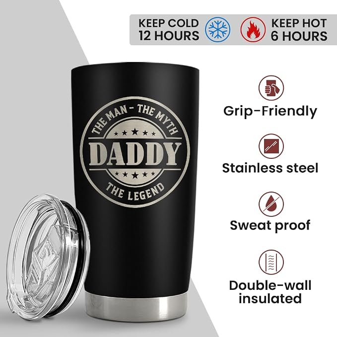 SANDJEST Daddy The Man The Myth The Legend Tumbler with Lid - 20oz Insulated Stainless Steel Mug - Coffee Mug for Sport Office Travel