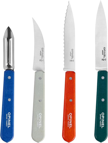 OPINEL Les Essentials - Small Kitchen 4 Piece Knife Set - Paring, Serrated, Peeler, Vegetable Knife, Corrosion Resistant High Carbon Steel, Made in France (Primo)