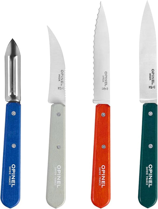OPINEL Les Essentials - Small Kitchen 4 Piece Knife Set - Paring, Serrated, Peeler, Vegetable Knife, Corrosion Resistant High Carbon Steel, Made in France (Primo)