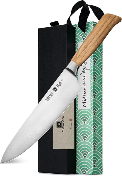 Mitsuharu 8 Inch Chef Knife, SHOMAN Series Meat Cutting Knife with Olive Wood Handle, German Steel Chef's Knife for Kitchen Cooking, Ultra Sharp Cutting Chopping Knife for Vegetable Fruit with Case