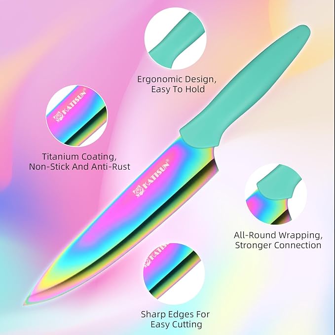 Kitchen Knife Set with Block, 14 Piece Rainbow Titanium Coated Stainless Steel Knives Set, Anti-Rust and Dishwasher Safe, 12 Knives with Kitchen Shears and Block