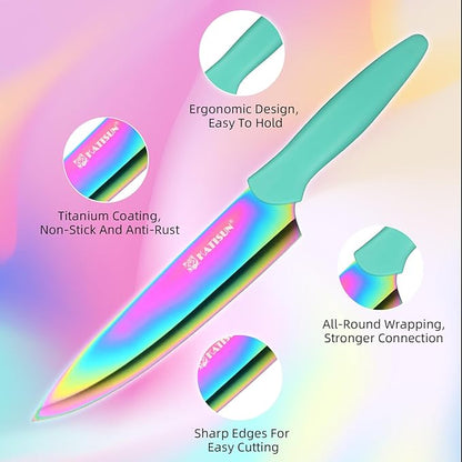 Kitchen Knife Set with Block, 14 Piece Rainbow Titanium Coated Stainless Steel Knives Set, Anti-Rust and Dishwasher Safe, 12 Knives with Kitchen Shears and Block