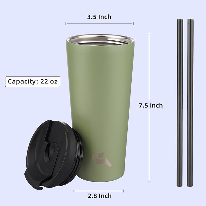 Konokyo 22 OZ Insulated Tumbler with Lid and 2 Straws Stainless Steel Water Bottle Vacuum Travel Mug Coffee Cup,ArmyGreen