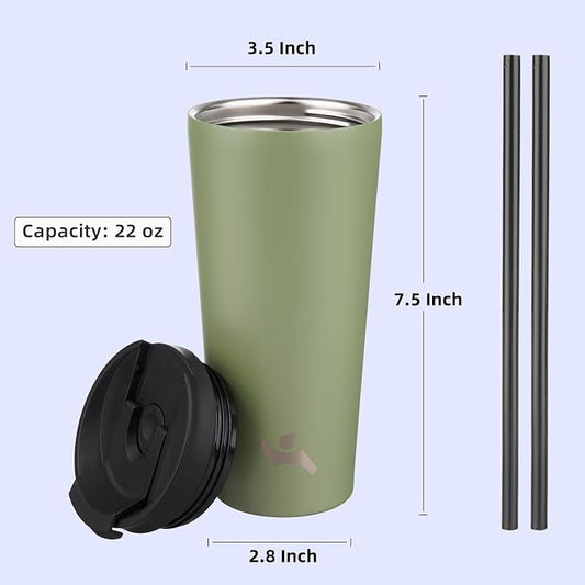 Konokyo 22 OZ Insulated Tumbler with Lid and 2 Straws Stainless Steel Water Bottle Vacuum Travel Mug Coffee Cup,ArmyGreen