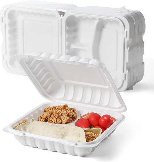 YANGRUI 65-Pack 30oz 7.8" White Meal Prep Box - Shrink Wrapped No Pre-Wash | 3-Compartment Heavy Duty Mineral PP, Microwave & Freezer Safe | Reusable Portion Control Lunch Containers for Party & Picnic