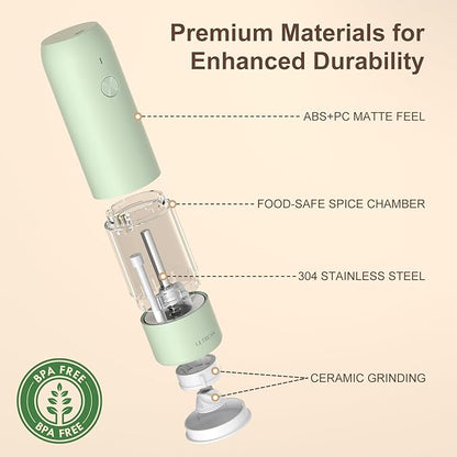 Ultrean Pepper Grinder, Rechargeable Salt and Pepper Grinder with 6 Adjustable Coarseness, LED Light, One-Hand Automatic Operation, Green