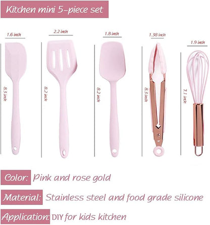 Collfa Rose Gold And Pink Kitchen Utensil Small Five-Piece Set Mini Silicone Kids Kitchen Tools Whisk Spatula Tongs Spoon And Slotted Spatula(Kids Baking Supplies)