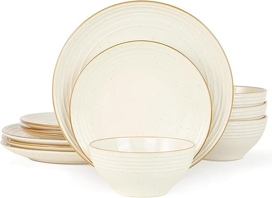Famiware Jupiter 12-Piece Stoneware Dinnerware Set for 4, Handcrafted Plates and Bowls with Speckles & Embossed Swirls, Chip/Scratch Resistant, Microwave/Dishwasher Safe, Modern Dishes, Vanilla White