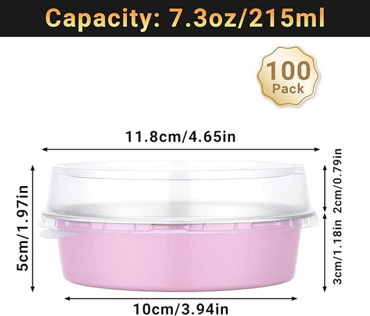 Beasea Aluminum Cupcake Pans With Lids, 100 Pack 7.3oz Disposable Pie Pans For Cake, 4 Inch Aluminum Pie Tart Baking Cups Tins Round Oven Mini Cake Pan For Tart Quiche Dessert - Pastel Pink