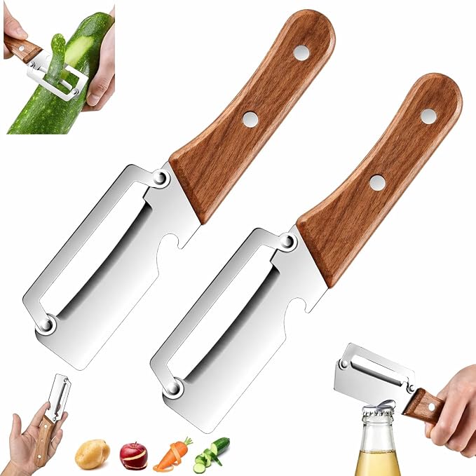 2-Pack Vegetable Peeler with Bottle Opener, Stainless Steel Kitchen Peeler with Wooden Handle, Easy Peeling Tool for Potatoes, Fruits & Vegetables