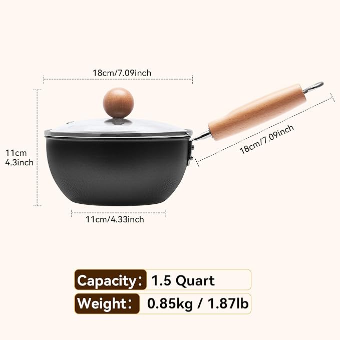 WANGYUANJI 1.5QT Iron Saucepan with Lid, Hammered Milk Pot for Boiling Ramen, Removable Wood Handle for Camping & Storage, Non-Coated Small Cookware for Single Serving, Induction Compatible