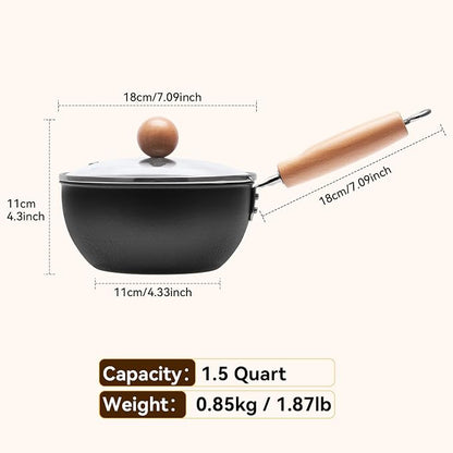 WANGYUANJI 1.5QT Iron Saucepan with Lid, Hammered Milk Pot for Boiling Ramen, Removable Wood Handle for Camping & Storage, Non-Coated Small Cookware for Single Serving, Induction Compatible