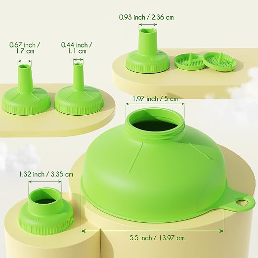 Pisol Wide Mouth Versatile Funnel, Canning Funnels for Kitchen Use, Food Grade Plastic Cooking Funnel Set with 4 Size Spouts and 2 Strainers for Filling Different Bottles and Bags, Green