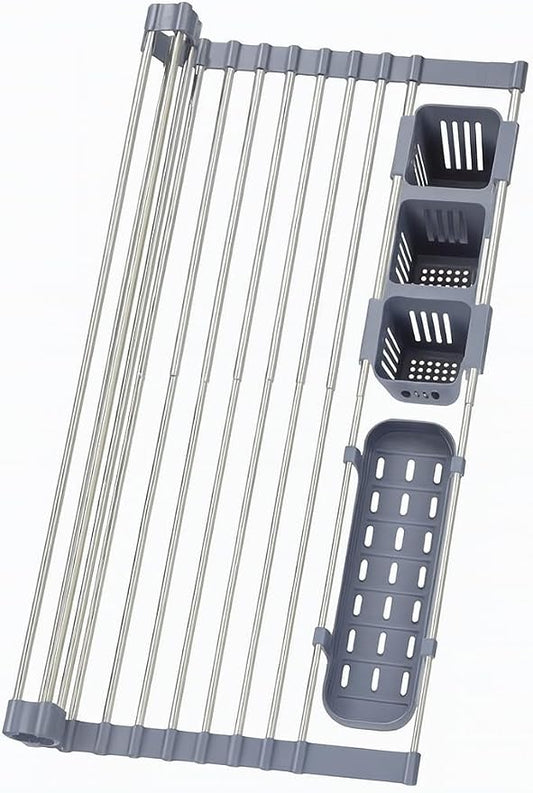Gabrielline Expandable Roll Up Dish Drying Rack for Kitchen Sink, 21.6” x 12.7” Stainless Steel Over Sink Drying Mat with Utensil Holder & Drip Tray, Space Saving Heavy Duty Kitchen Rack Set