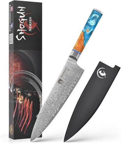 Nordic The New Shogun Series Professional 8-inch Chef Knife, 67-Layer Folded Damascus Super Steel, VG-10 Core, Rockwell 60±2 Hardness, Wood and Resin Handle, Magnetic Sheath.