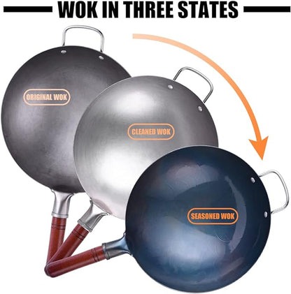 Teewe Carbon Steel Wok Traditional Hand Hammered - 13.4" Chinese Woks Round Bottom Wok Pan Set with 8 Pcs Cookware Accessories