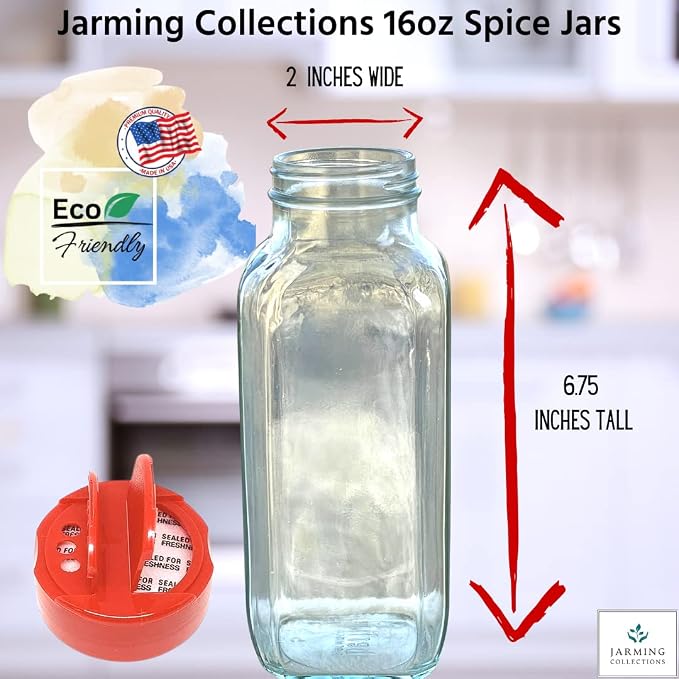 JARMING COLLECTIONS 16 oz Glass French Square Spice Jars with Shaker Lids - Elegant Design for Food Storage and Kitchen Organization - Enhance Your Spice Storage – Made in USA