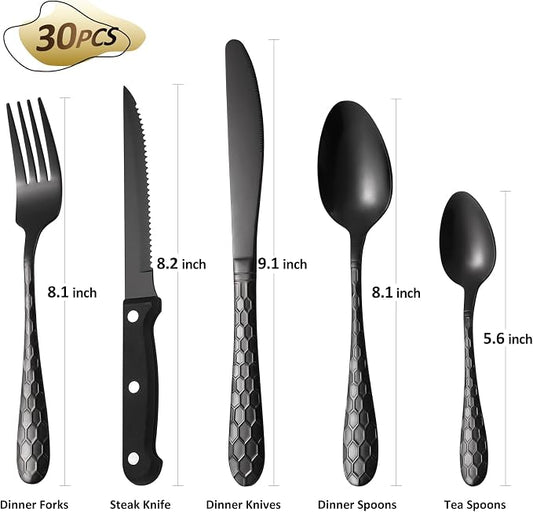 30 Pcs Black Hammered Silverware Set Service for 6,with Steak Knives Stainless Steel Flatware Set,Mirror Cutlery Utensil,Durable Kitchen Tableware,Ripple Teardrop Fork Knife Spoon,Dishwasher Safe