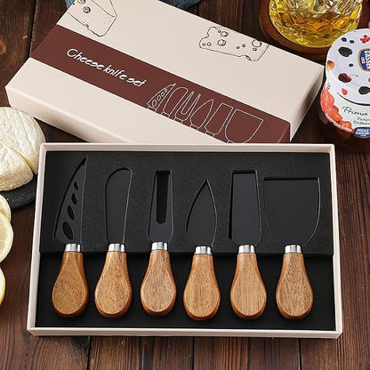 6 Piece Cheese Knives Set with Wooden Handle, Mini Steel Stainless Cheese knife set for Charcuterie and Cheese spread, Perfect for Cheese Slicer and Butter Cutter (Acacia-Black Box)