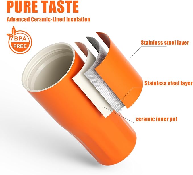 CHEERFUL GOAT Ceramic Lined Coffee Travel Tumbler – Stainless Steel Travel Coffee Tumbler with Ceramic Liner, with lid, 21 OZ Cup for Hot and Cold Water Coffee at Home, Office, or On the Go (Orange)