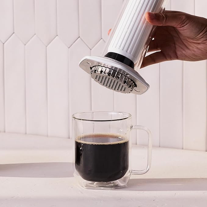 AeroPress Premium Coffee Press, Glass, Stainless Steel & Aluminum Coffee Maker, all-in-One French Press, Pour-Over & Espresso-Style manual brewer, 2 min brew for less bitterness, more flavor (White)