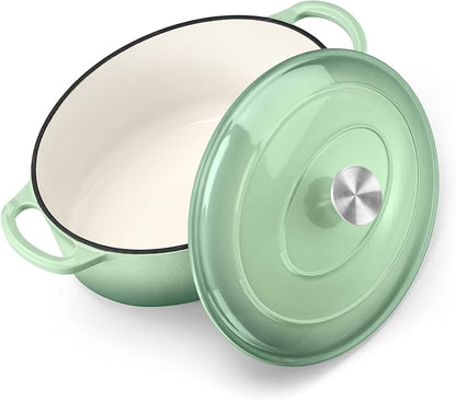 TeamFar Oval Dutch Oven, 5qt Enameled Cast Iron Dutch Oven Pot with Lid, For Bread Baking/Stewing/Braising/Frying, Suitable for Various Stoves, Dual Handles & Easy Cleanup, Pistachio Green