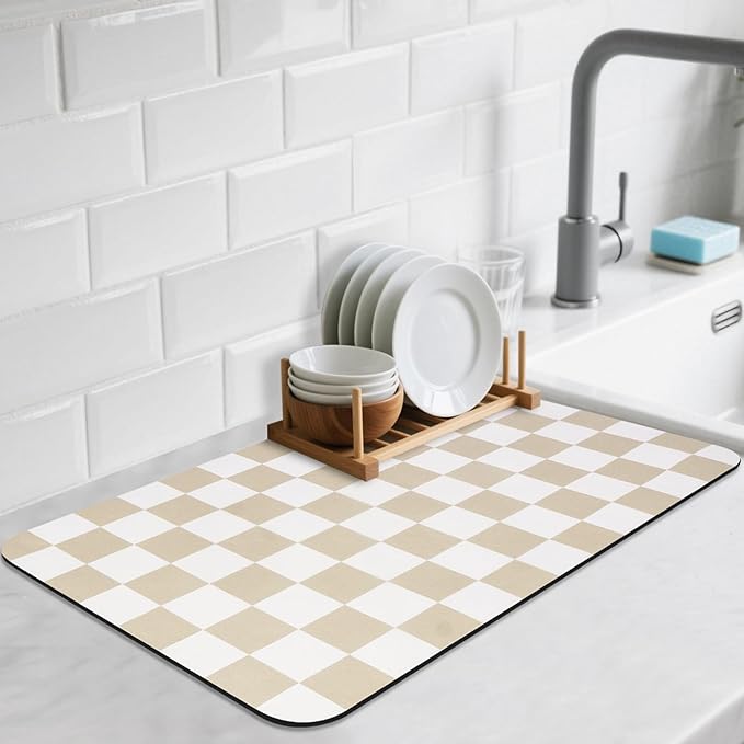 CooRug Checkered Dish Drying Mat for Kitchen Counter, Absorbent Non-Slip Coffee Mat, Heat Resistant Mat for Countertops Coffee Bar Decor 16" x 24" Khaki