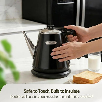 Hazel Quinn Electric Kettle - 1L/34oz Small Tea Kettle, 800W Fast Boil, All 304 Stainless Steel Interior, Double Wall for Cool Touch and Thermal, Auto Shut-Off, BPA-Free, Cordless - Jet Black