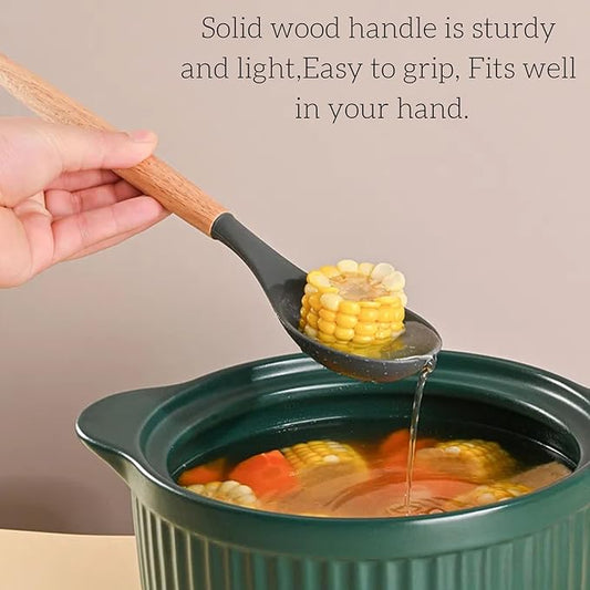LorisArm Wooden Handle Silicone Spoon, 12" Rubber Spoon 4-Pack Nonstick Stirring Spoons for Baking Cooking and Mixing, Kitchen Serving Spoons (Grey, Green, White, Black).